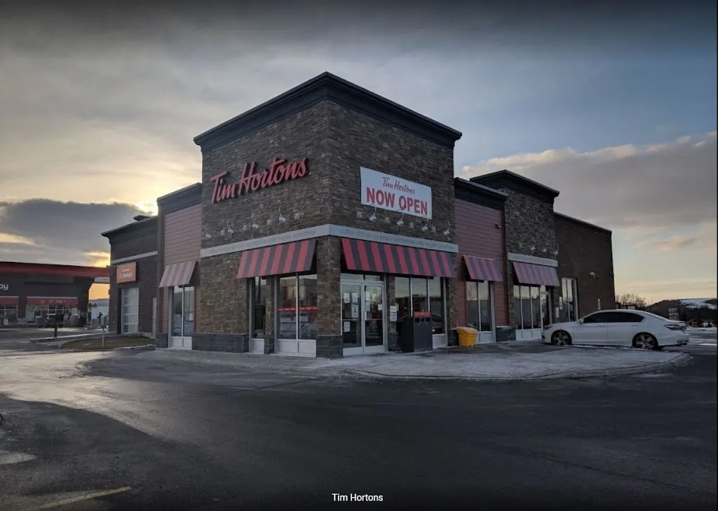 Tim Hortons storefront and interior at 60 Rivermont Rd, Brampton, ON