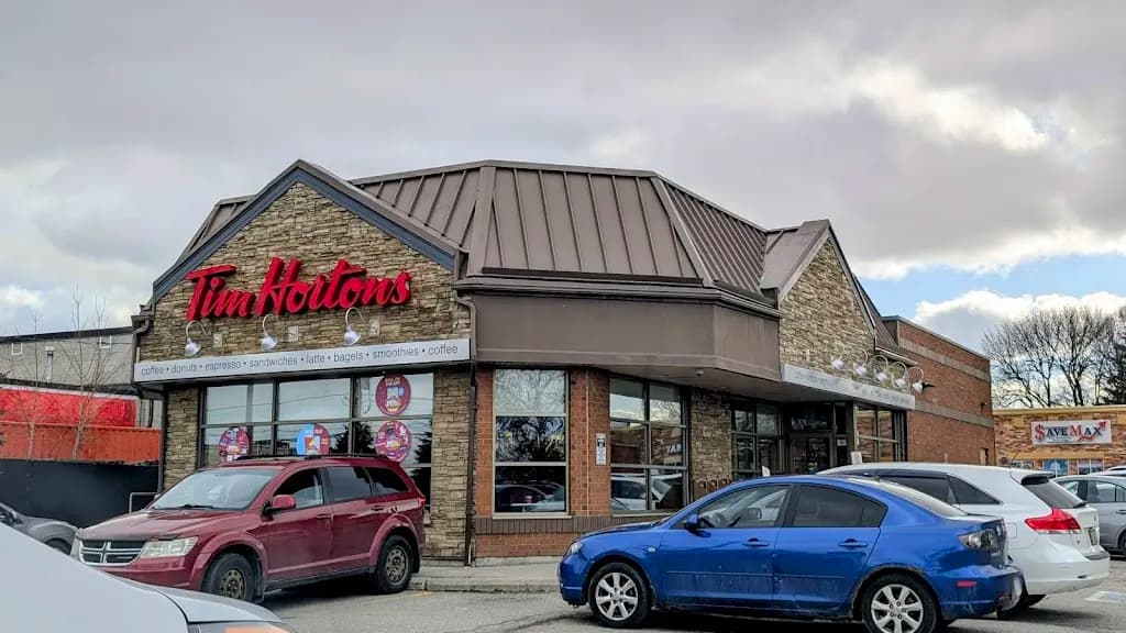 Tim Hortons storefront and interior at 87 Kennedy Rd South, Brampton, ON