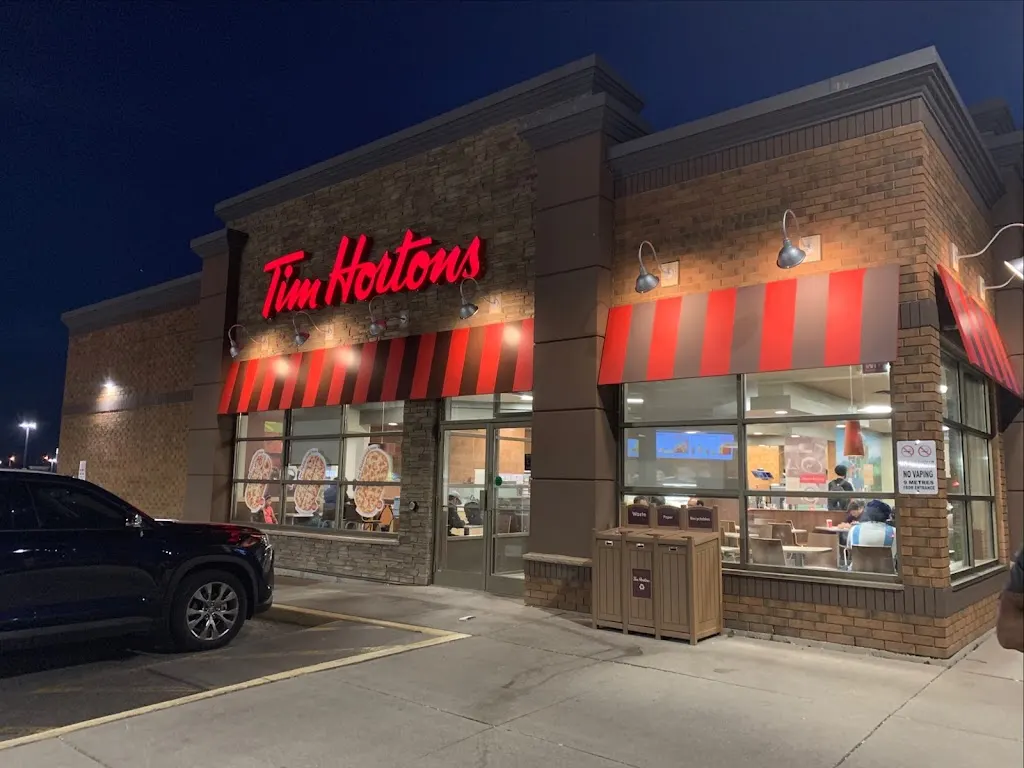Tim Hortons storefront and interior at 90 Clementine Dr, Brampton, ON