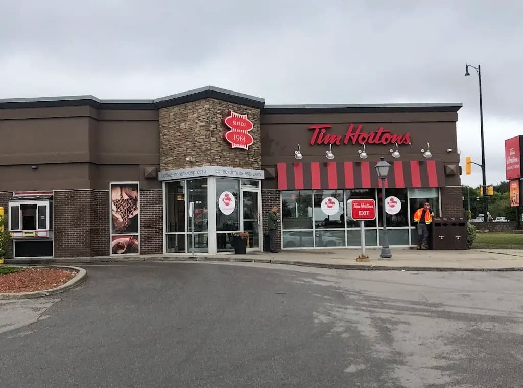 Tim Hortons storefront and interior at 261 Queen St East, Brampton, ON