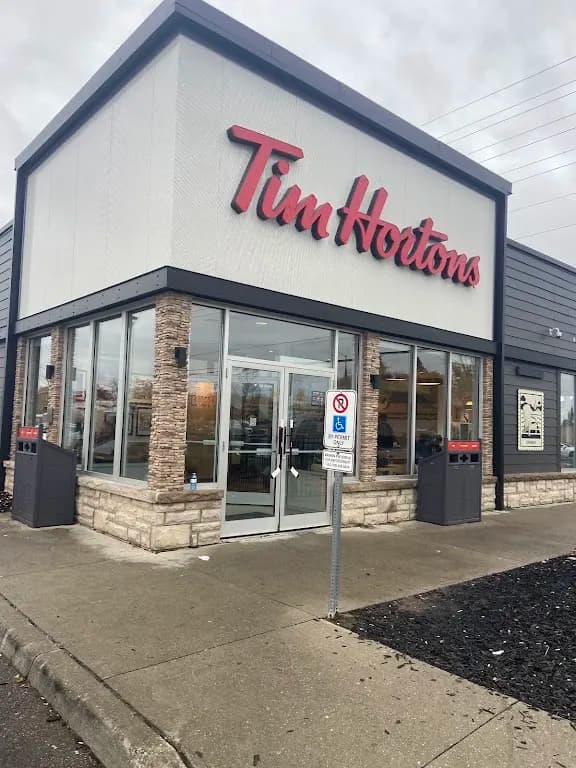 Tim Hortons storefront and interior at 497 Main St South, Brampton, ON