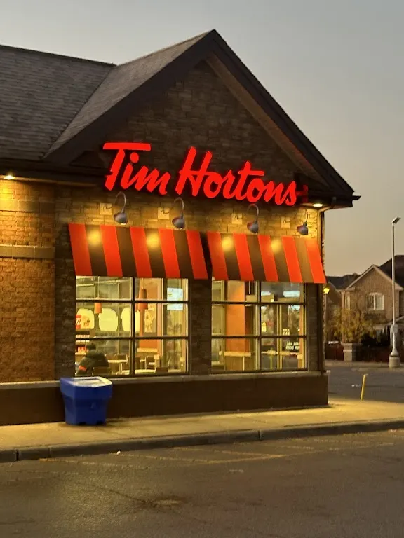 Tim Hortons storefront and interior at 4985 Ebenezer Rd, Brampton, ON
