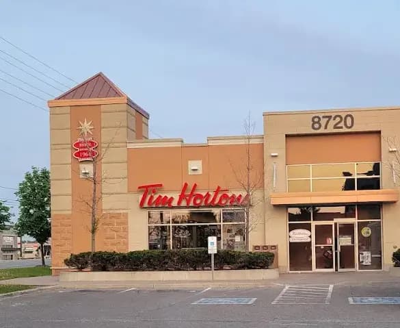 Tim Hortons storefront and interior at 8720 The Gore Rd, Brampton, ON