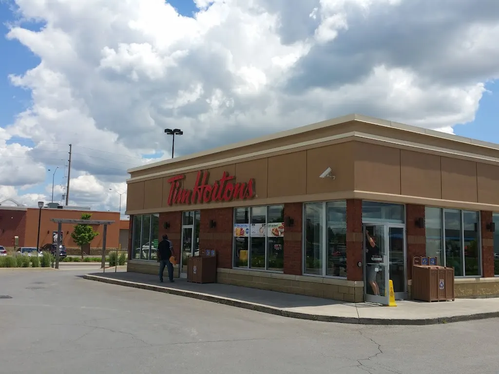 Tim Hortons storefront and interior at 9936 Airport Rd, Brampton, ON