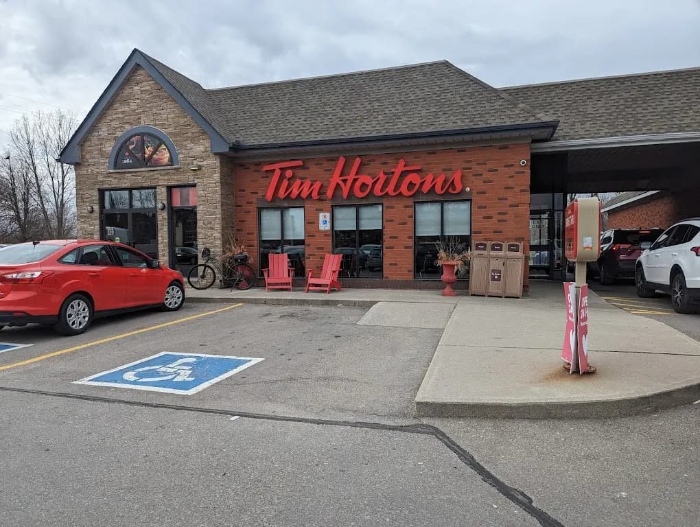 Tim Hortons storefront and interior at 29 Plains Rd, Burlington, ON