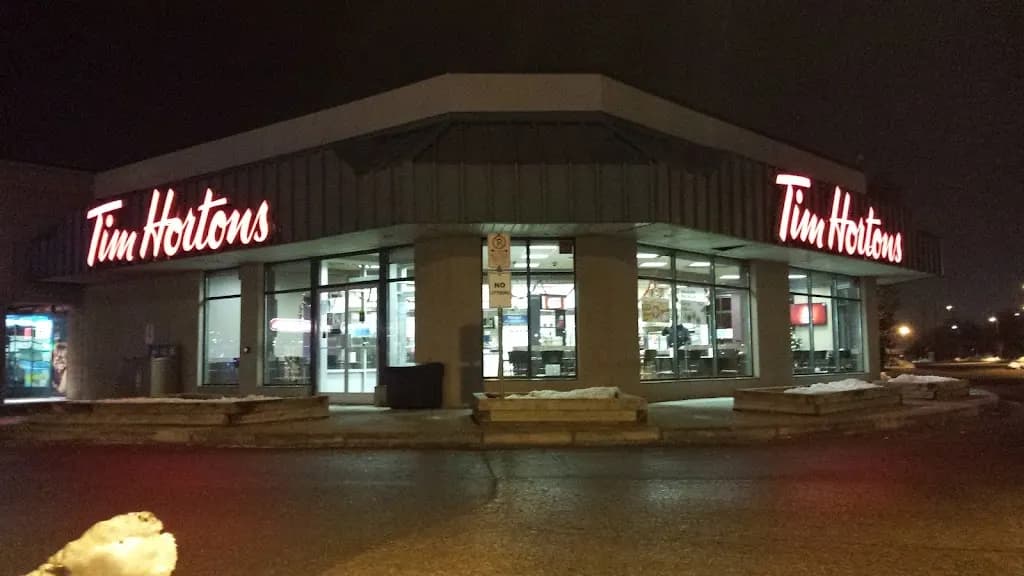 Tim Hortons storefront and interior at 1035 Brant St, Burlington, ON
