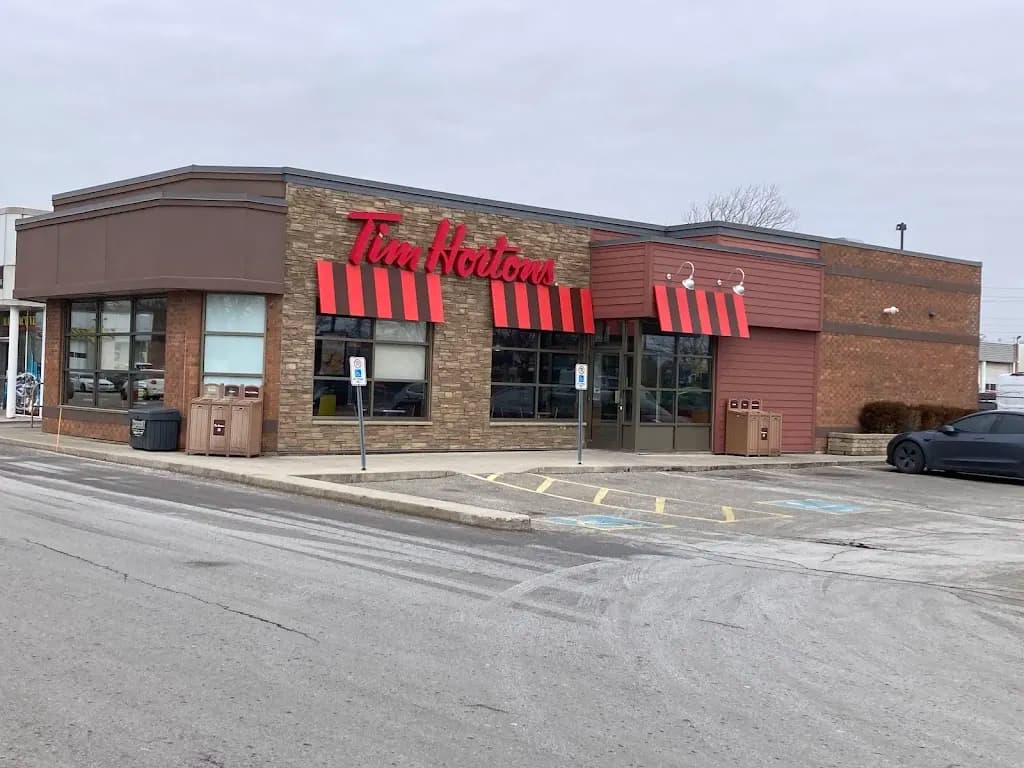 Tim Hortons storefront and interior at 3485 Harvester Rd, Burlington, ON
