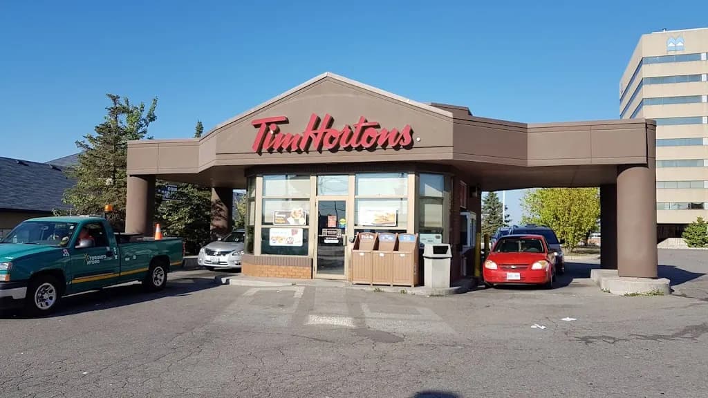 Tim Hortons storefront and interior at 135 Rexdale Blvd, Etobicoke, ON