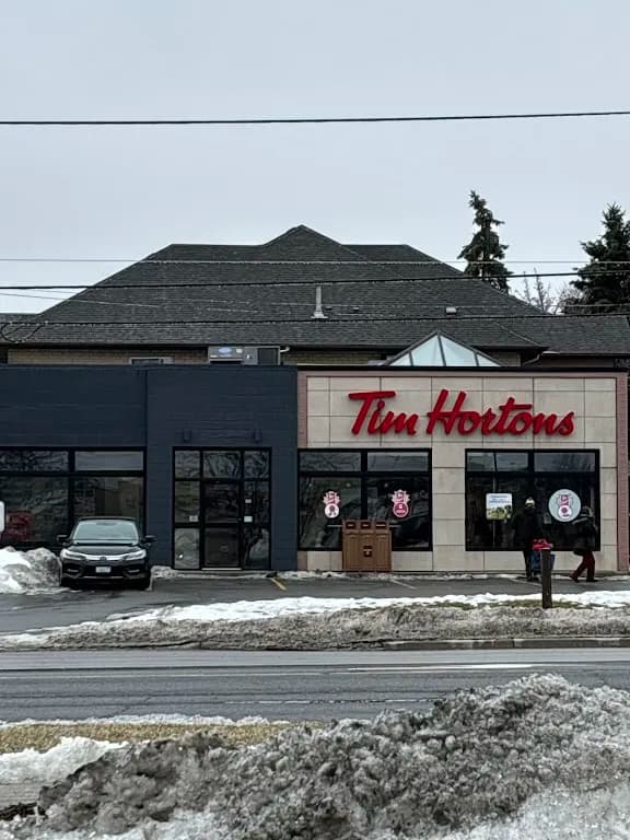 Tim Hortons storefront and interior at 25 Rymal Rd W, Hamilton, ON