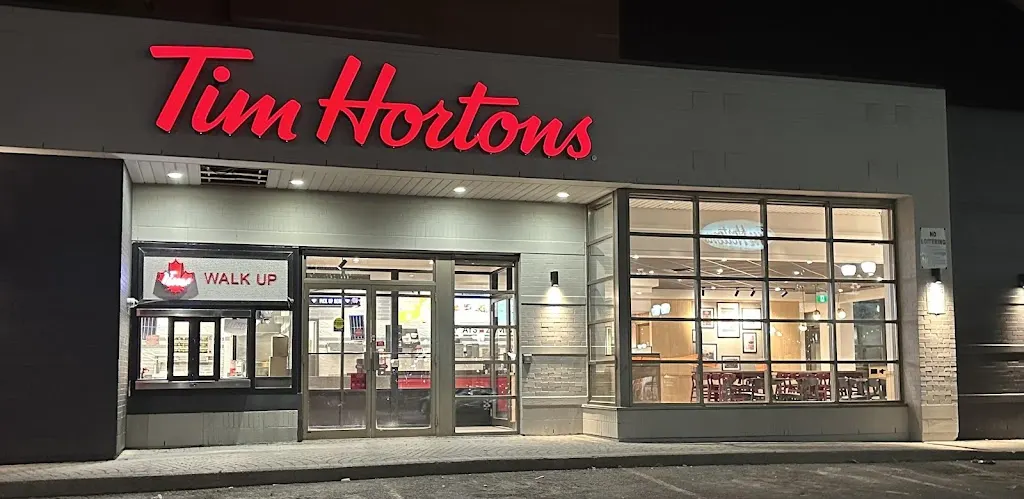 Tim Hortons storefront and interior at 239 King Stw, Hamilton, ON