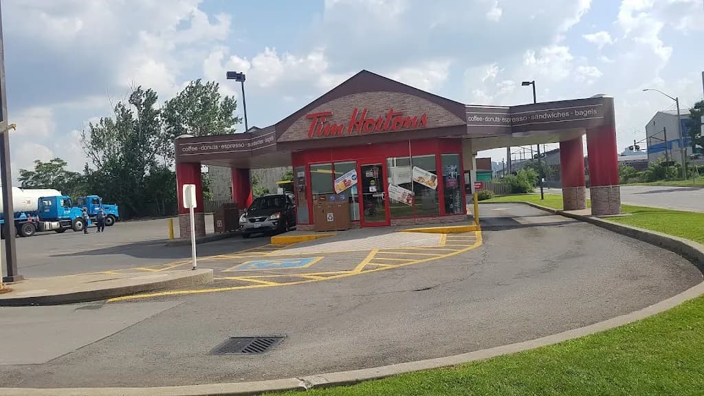 Tim Hortons storefront and interior at 418 Sherman Ave North, Hamilton, ON