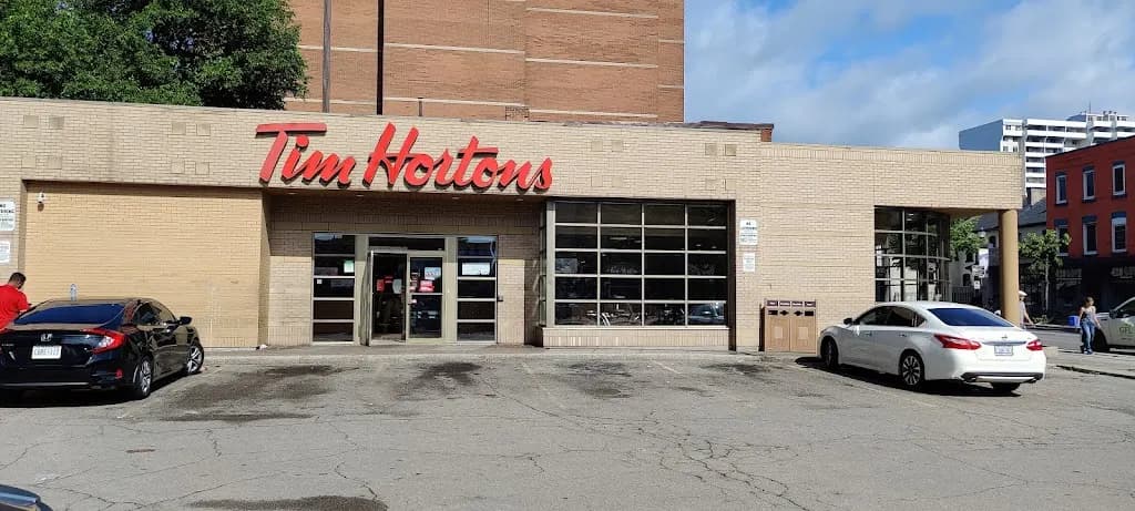 Tim Hortons storefront and interior at 443 Main Street West, Hamilton, ON