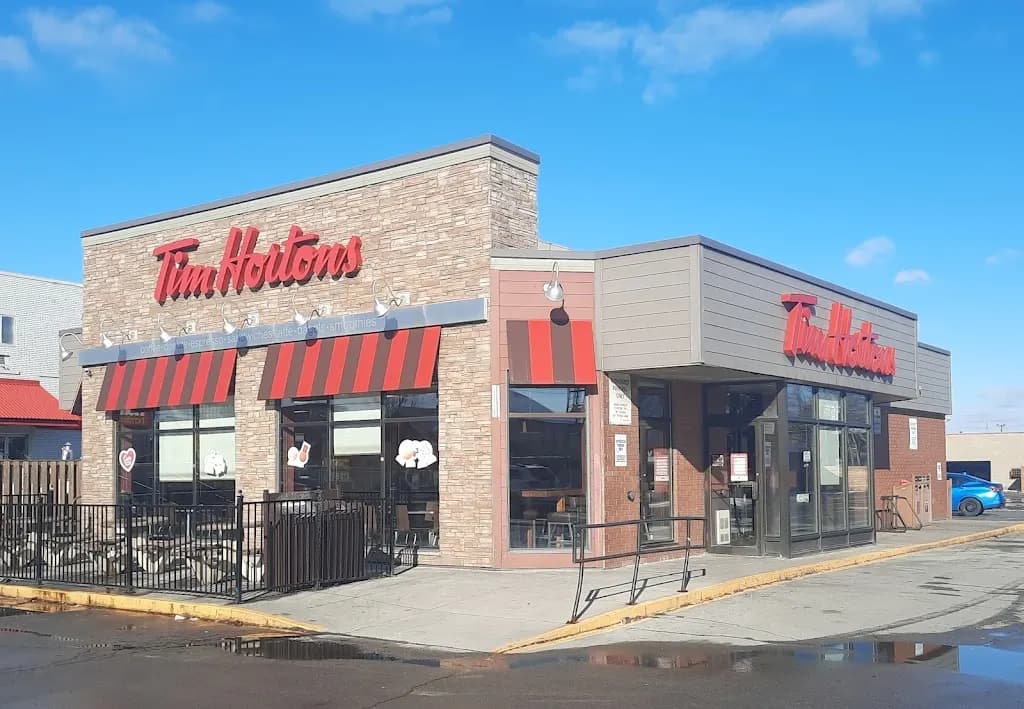 Tim Hortons storefront and interior at 799 Barton St E, Hamilton, ON