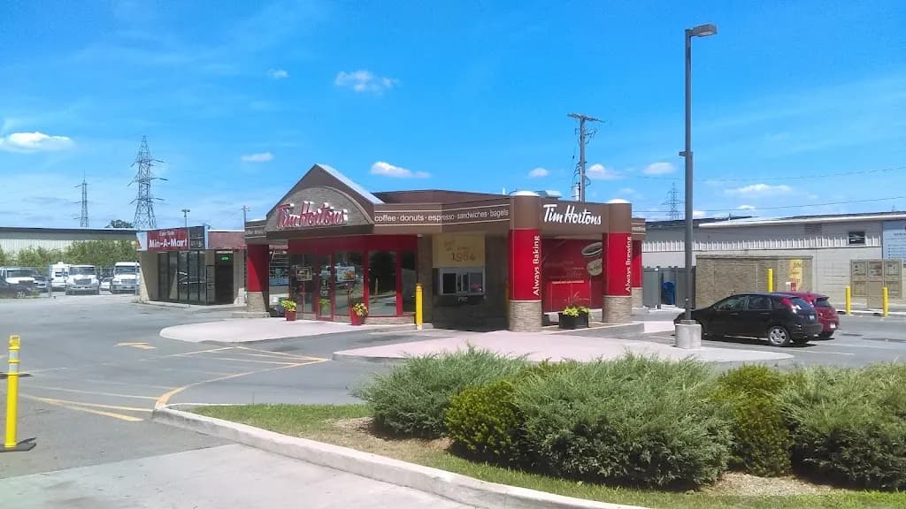 Tim Hortons storefront and interior at 2585 Barton St, Hamilton, ON