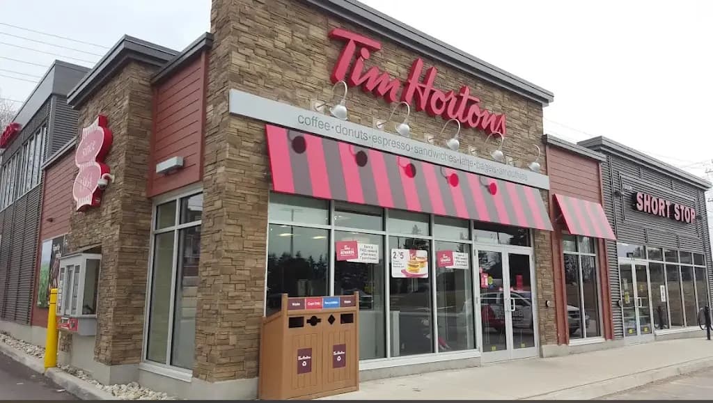 Tim Hortons storefront and interior at 301-1415 Huron Road, Kitchener, ON