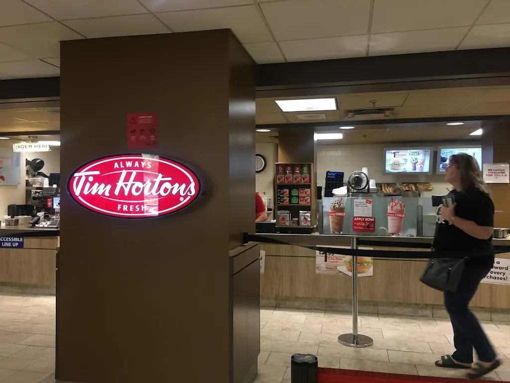 Tim Hortons storefront and interior at Grand River Hospital, Kitchener, ON