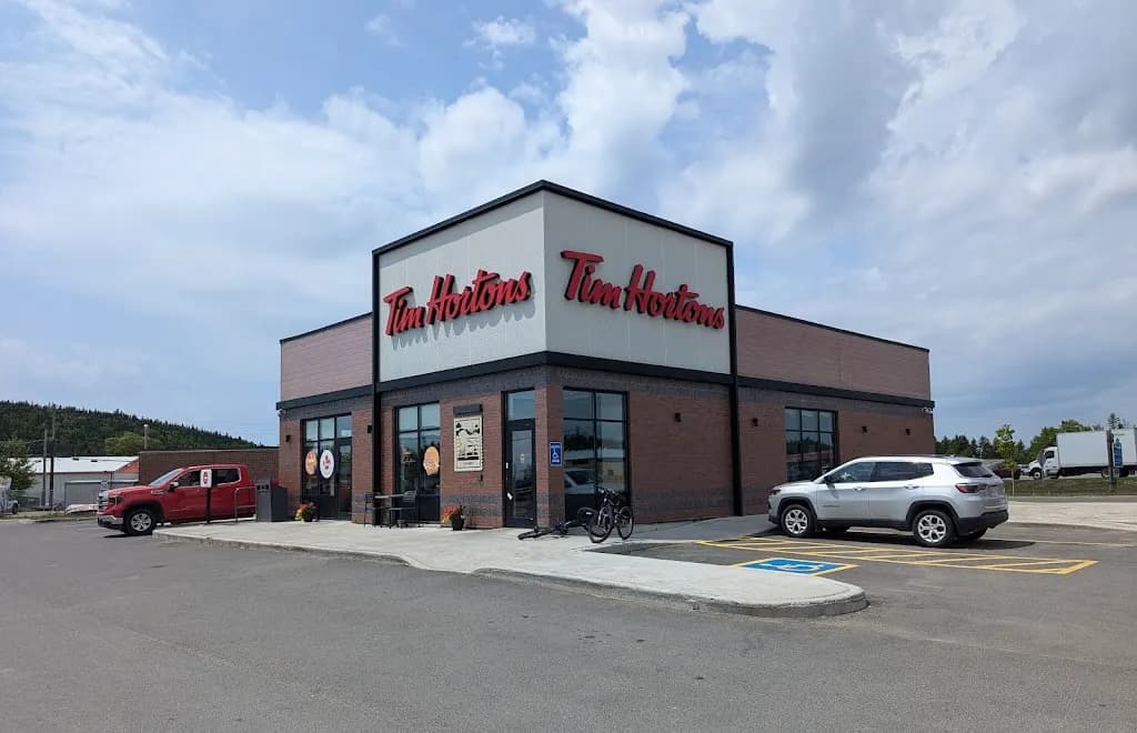 Tim Hortons storefront and interior at 14 Peninsula Road, Marathon, ON