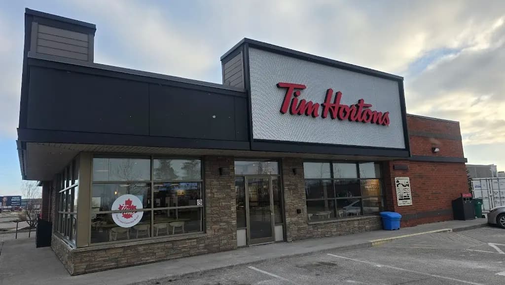 Tim Hortons storefront and interior at 39 Aventura Court, Mississauga, ON