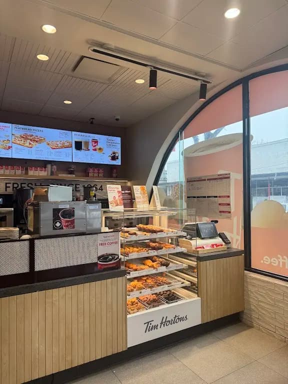 Tim Hortons storefront and interior at 92 Lakeshore Rd. E, Mississauga, ON