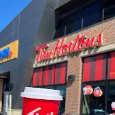 Tim Hortons storefront and interior at 150 Lakeshore Rd East, Mississauga, ON
