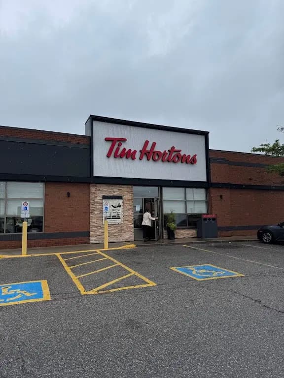 Tim Hortons storefront and interior at 475 Courtney Park Dr E, Mississauga, ON