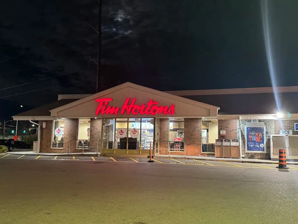 Tim Hortons storefront and interior at 780 South Sheridan Way, Mississauga, ON