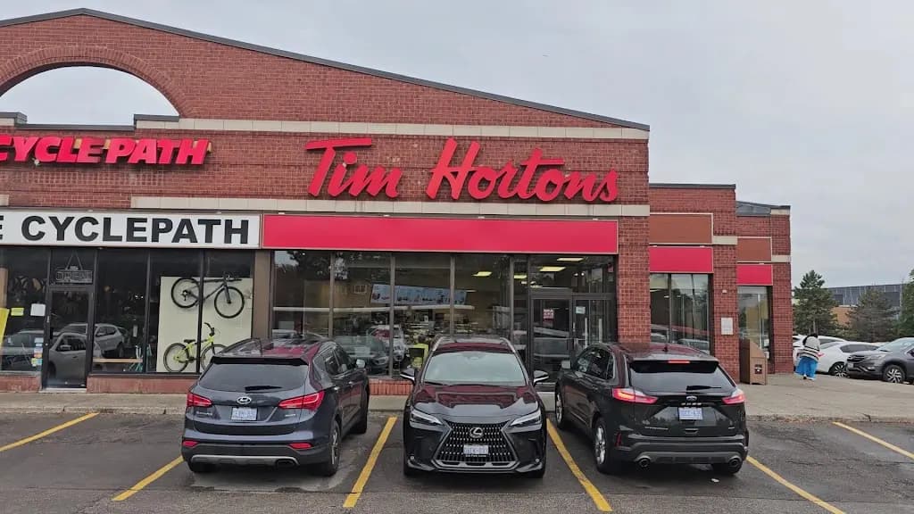Tim Hortons storefront and interior at 1170 Burnhamthorpe Rd West, Mississauga, ON