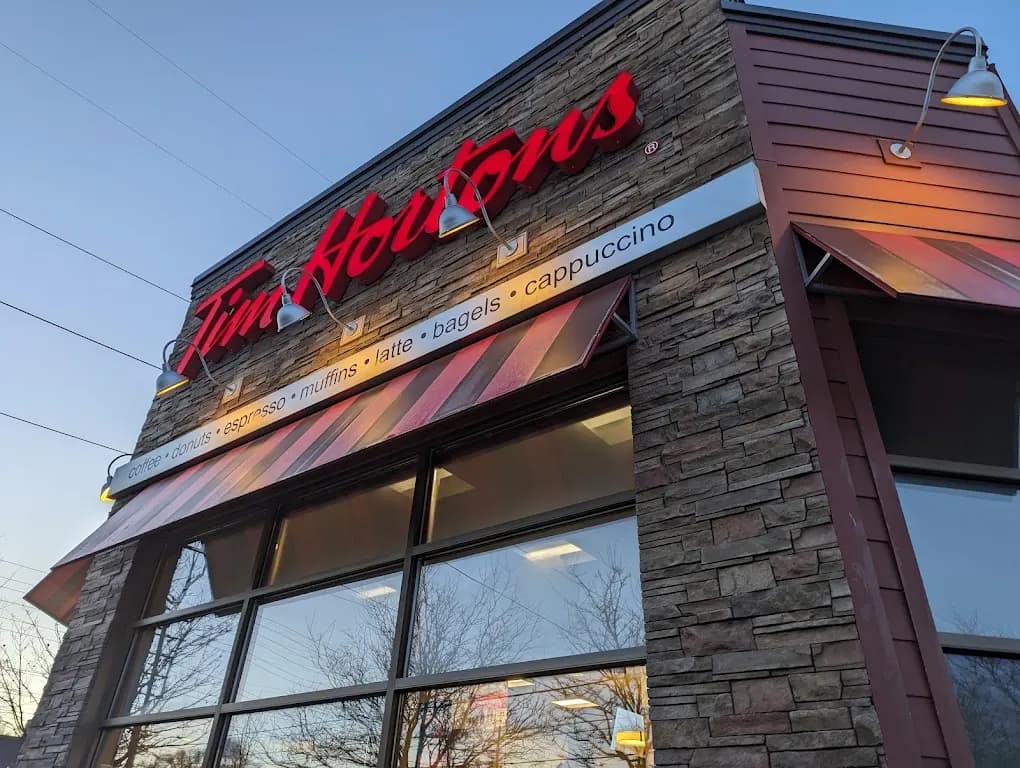 Tim Hortons storefront and interior at 1801 Dundas St East, Mississauga, ON