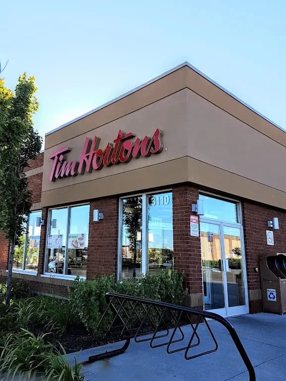 Tim Hortons storefront and interior at 3110 Argentia Rd, Mississauga, ON