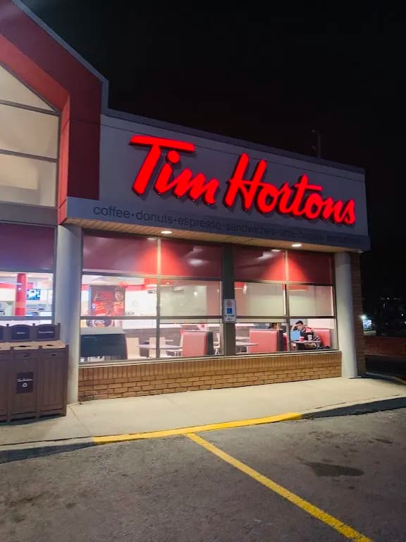 Tim Hortons storefront and interior at 3411 Mavis Rd, Mississauga, ON