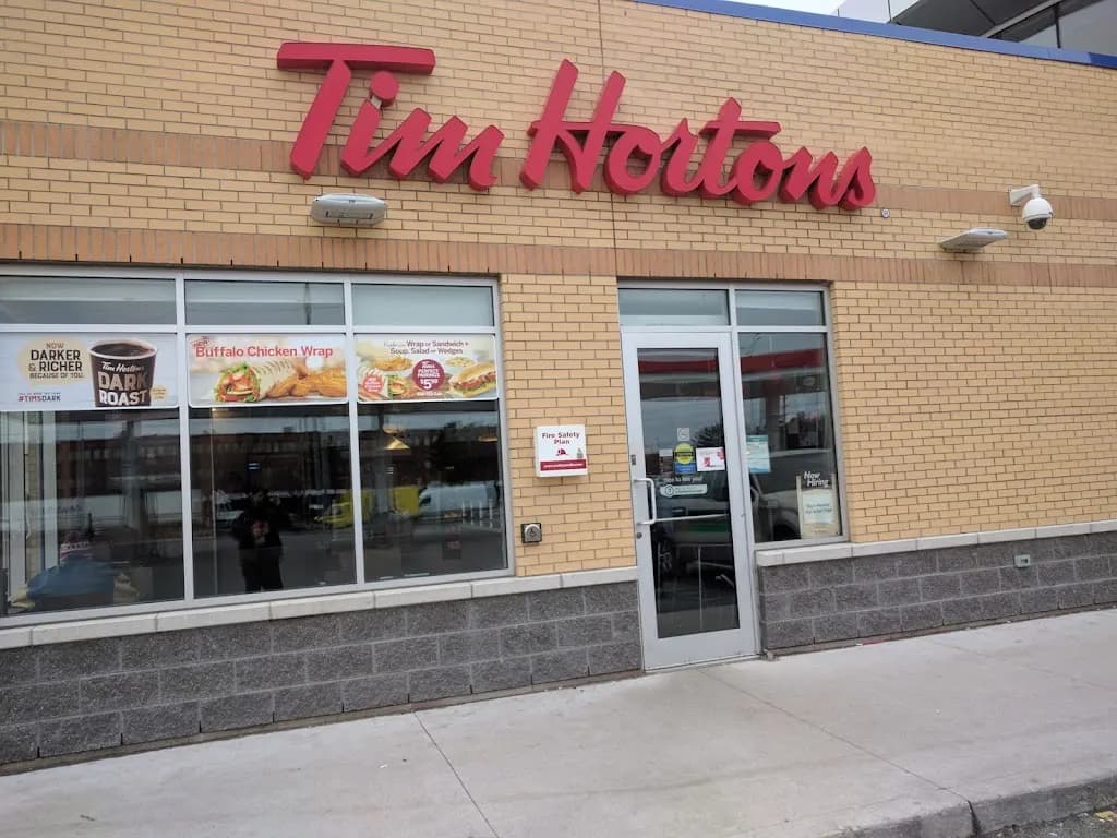 Tim Hortons storefront and interior at 6080 Dixie Rd, Mississauga, ON