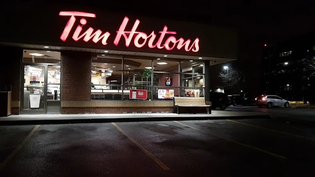 Tim Hortons storefront and interior at 6767 Airport Rd, Mississauga, ON