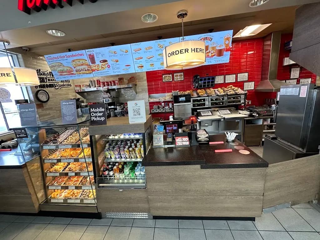 Tim Hortons storefront and interior at 7280 Dixie Rd, Mississauga, ON