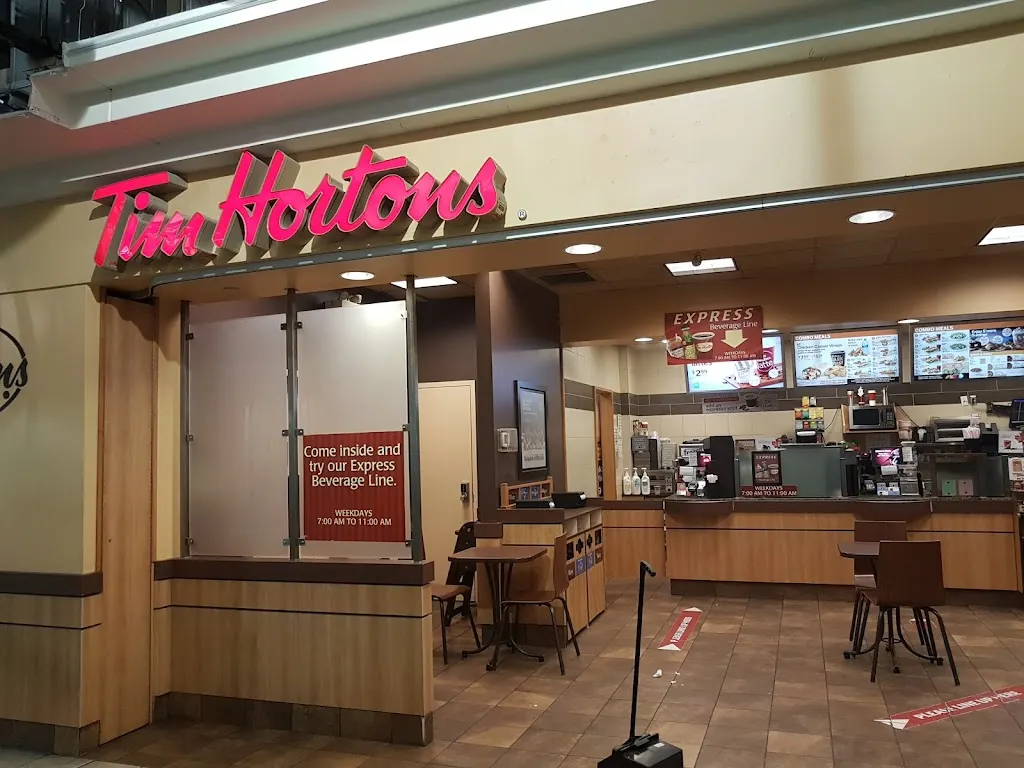 Tim Hortons storefront and interior at 4841 Yonge St, North York, ON
