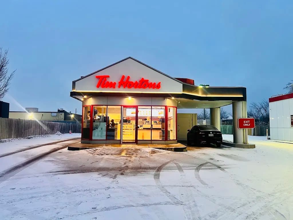 Tim Hortons storefront and interior at 587 Third Line, Oakville, ON
