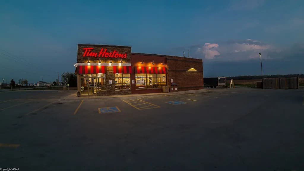 Tim Hortons storefront and interior at 2227 Elginfield Rd, Parkhill, ON