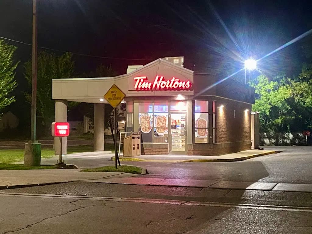 Tim Hortons storefront and interior at 55 Park St North, Peterborough, ON
