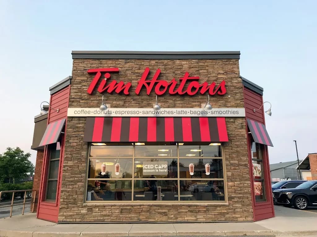 Tim Hortons storefront and interior at 159 Peter St, Port Hope, ON