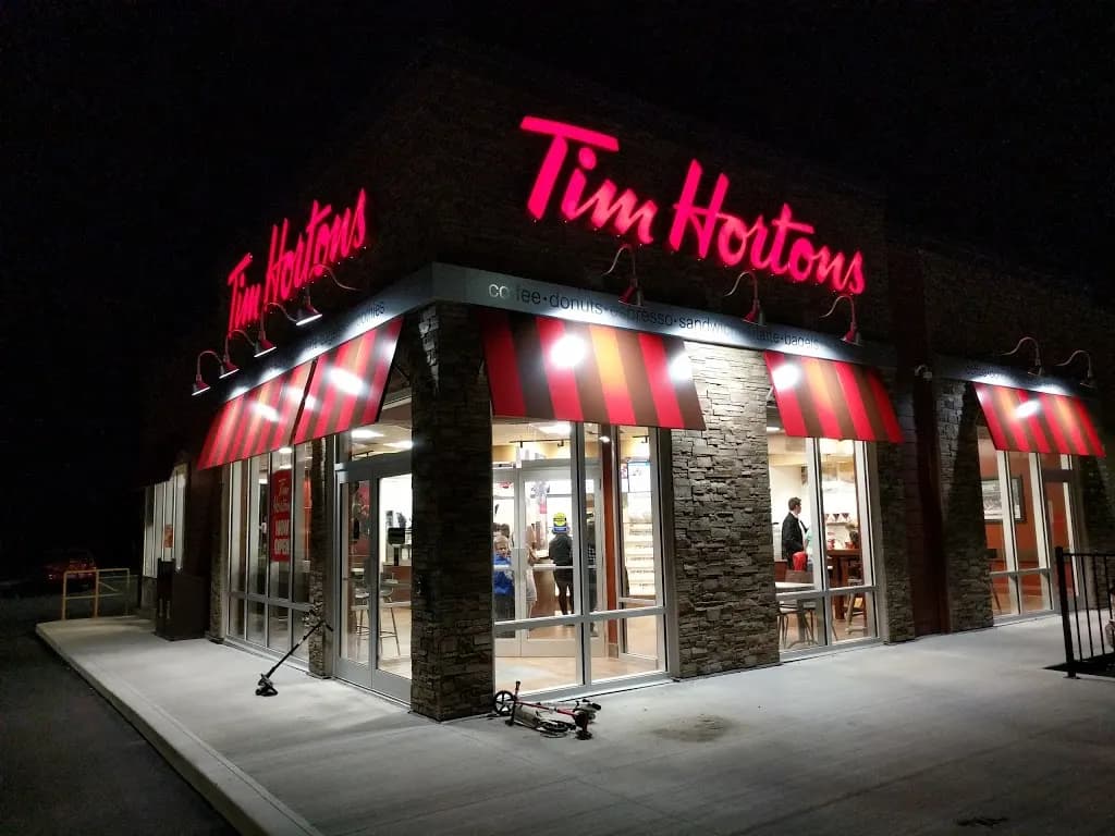 Tim Hortons storefront and interior at 1 Nicholas Beaver Rd, Puslinch, ON
