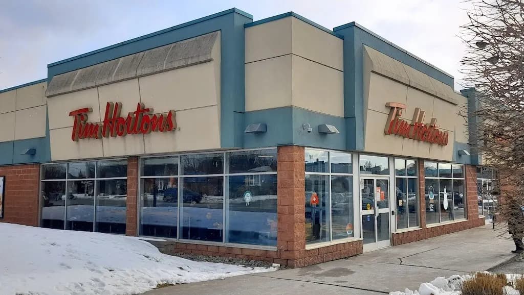 Tim Hortons storefront and interior at 75 Ellesmere Rd, Scarborough, ON