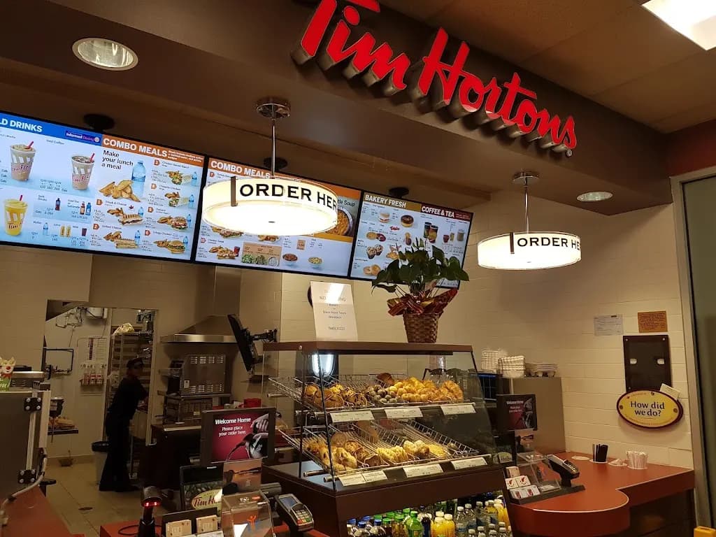 Tim Hortons storefront and interior at 3101 Victoria Park Ave, Scarborough, ON