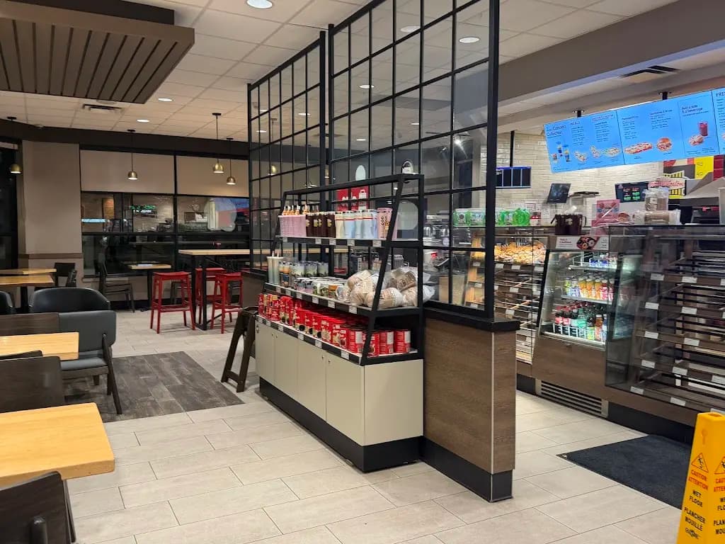 Tim Hortons storefront and interior at 498 Ontario St, St Catharines, ON