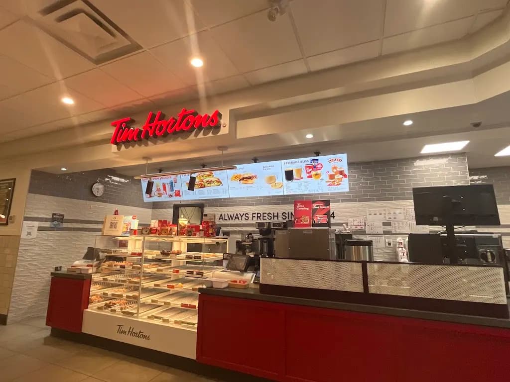 Tim Hortons storefront and interior at 525 Welland Ave, St Catharines, ON