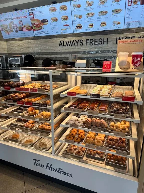 Tim Hortons storefront and interior at 280 Elm St, St Thomas, ON