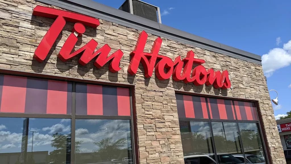 Tim Hortons storefront and interior at 995 Talbot St E, St Thomas, ON