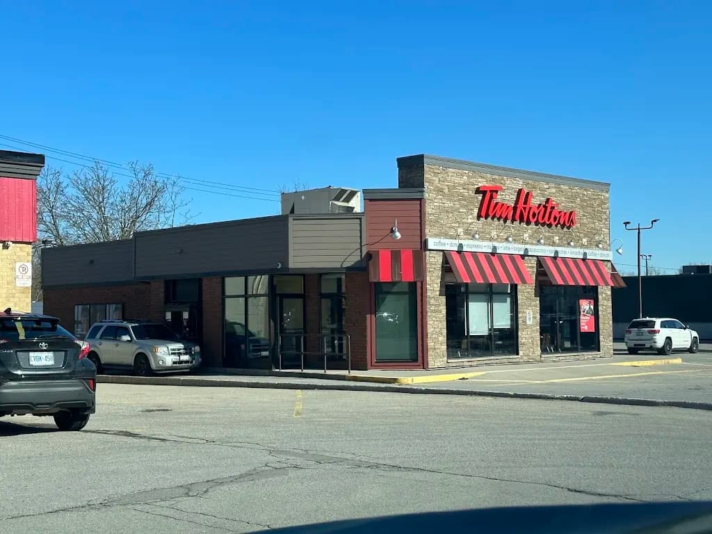 Tim Hortons storefront and interior at 19 Front St East, Strathroy, ON