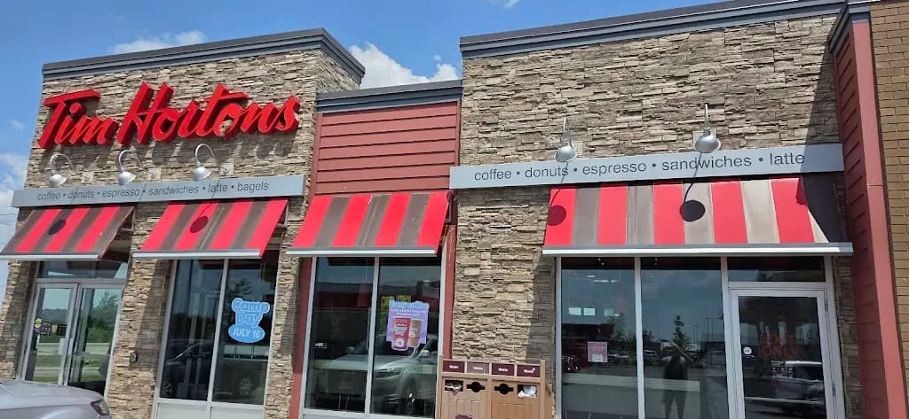 Tim Hortons storefront and interior at 28630 Centre Rd, Strathroy, ON