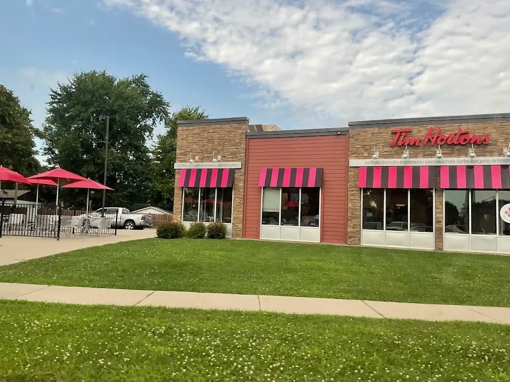 Tim Hortons storefront and interior at 32 Longwoods Road, Thamesville, ON
