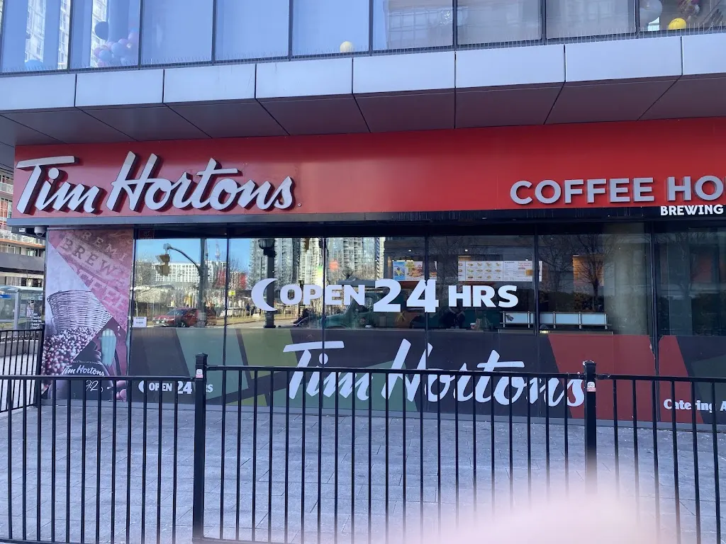 Tim Hortons storefront and interior at 120 Fort York Blvd, Toronto, ON