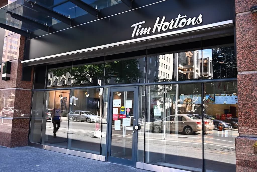 Tim Hortons storefront and interior at 175 Bloor St E, Toronto, ON